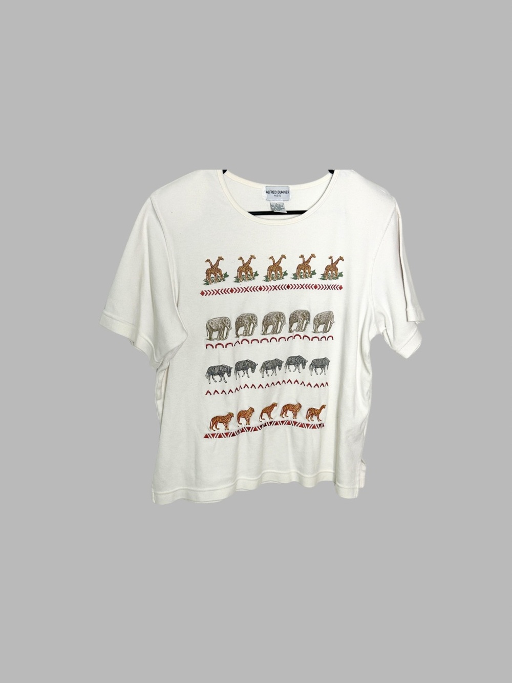 Alfred Dunner white Short Sleeve Tee with embroidered safari Animal Row Print